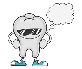 tooth cartoon with sunglasses and speech bubble