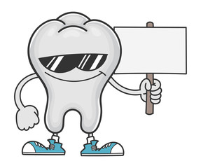 tooth cartoon with sunglasses holding sign