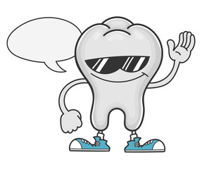tooth cartoon with sunglasses and speech bubble