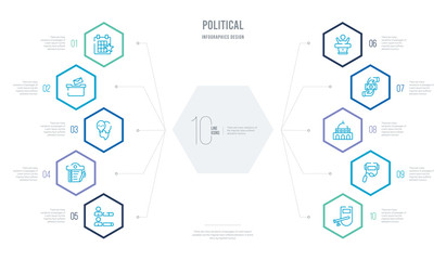 political concept business infographic design with 10 hexagon options. outline icons such as nightstick, welder, american government building, bribe, candidate for elections, checklist with a pencil