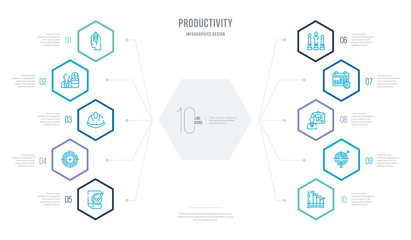 productivity concept business infographic design with 10 hexagon options. outline icons such as bar graph, bullseye with target, businessman and tactics, calendar with deadlines, competition, gun