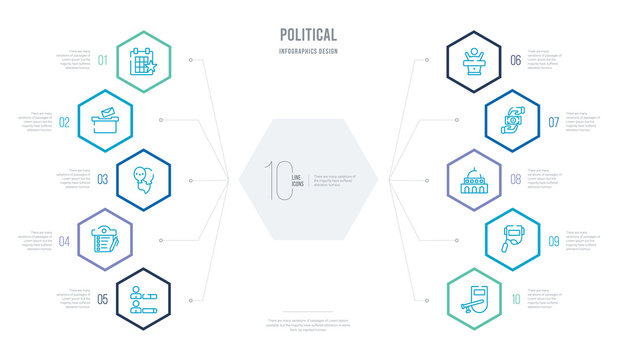 Political Concept Business Infographic Design With 10 Hexagon Options. Outline Icons Such As Nightstick, Welder, American Government Building, Bribe, Candidate For Elections, Checklist With A Pencil