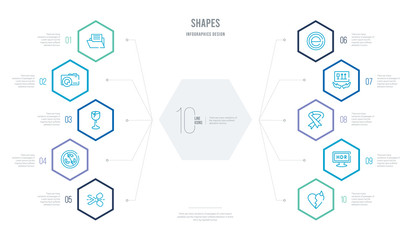 shapes concept business infographic design with 10 hexagon options. outline icons such as heartbreak, hdr,  , handle with care, net contents, non recyclable