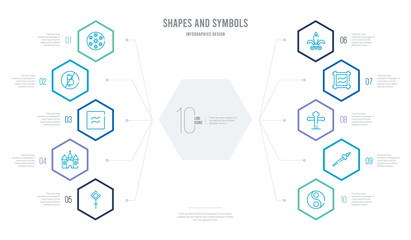 shapes and symbols concept business infographic design with 10 hexagon options. outline icons such as yin and yang, scepter, christian cross, is approximately equal to, fleur de lis, christian