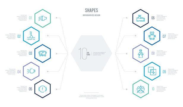 shapes concept business infographic design with 10 hexagon options. outline icons such as assembly area, paint selection, mongolian, toys, malfunction indicador, high beam