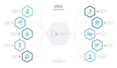 sports concept business infographic design with 10 hexagon options. outline icons such as sprained ankle, squash, waterpolo, bullseye, stretching, left bend