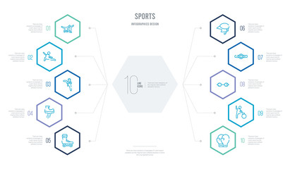 sports concept business infographic design with 10 hexagon options. outline icons such as boxing glove, gym ball, weighted bars, champion belt, baseball helmet, flying shoes