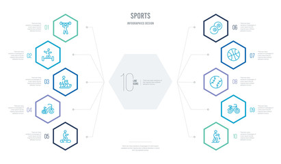 sports concept business infographic design with 10 hexagon options. outline icons such as skiing down hill, racing bike, baseball ball, basketball ball with line, ball pool, bicycle for children