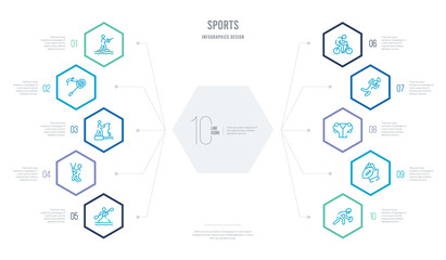 sports concept business infographic design with 10 hexagon options. outline icons such as american football player picking the ball, american football player hand holding the ball, american football