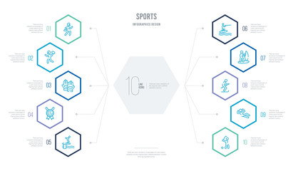 sports concept business infographic design with 10 hexagon options. outline icons such as golf player hitting, exercise gym, skier skiing, windsurf sea, surf sea, medal with number 1