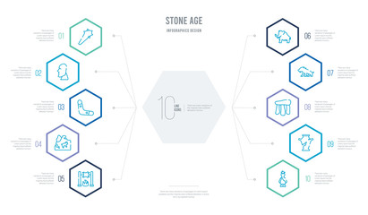 stone age concept business infographic design with 10 hexagon options. outline icons such as troglodyte, pottery, dolmen, saber toothed tiger, mammoth, rock art