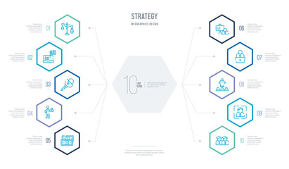 strategy concept business infographic design with 10 hexagon options. outline icons such as partner, focus, conference, worker, strategy, business