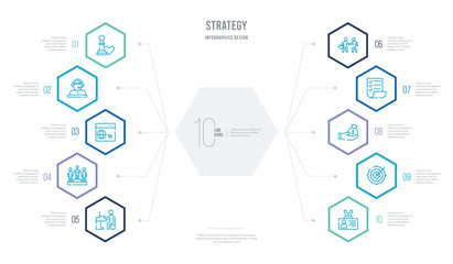 strategy concept business infographic design with 10 hexagon options. outline icons such as visitor, target, investment, policy, deal, leader