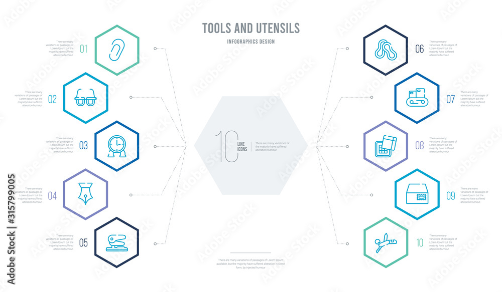 Poster tools and utensils concept business infographic design with 10 hexagon options. outline icons such a