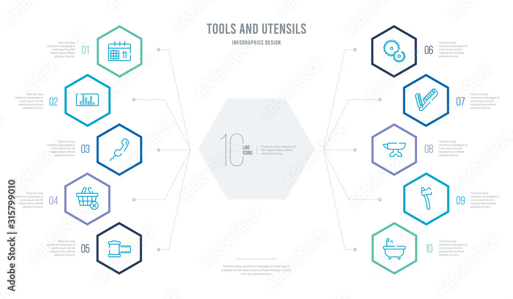 Poster tools and utensils concept business infographic design with 10 hexagon options. outline icons such a