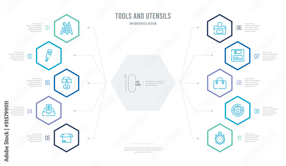 Aufkleber tools and utensils concept business infographic design with 10 hexagon options. outline icons such a