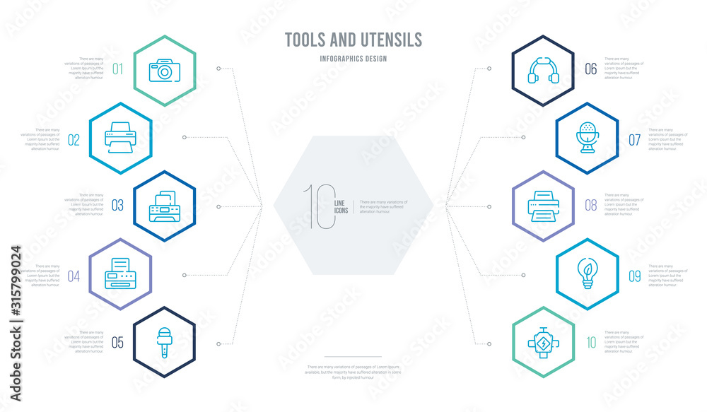 Poster tools and utensils concept business infographic design with 10 hexagon options. outline icons such a