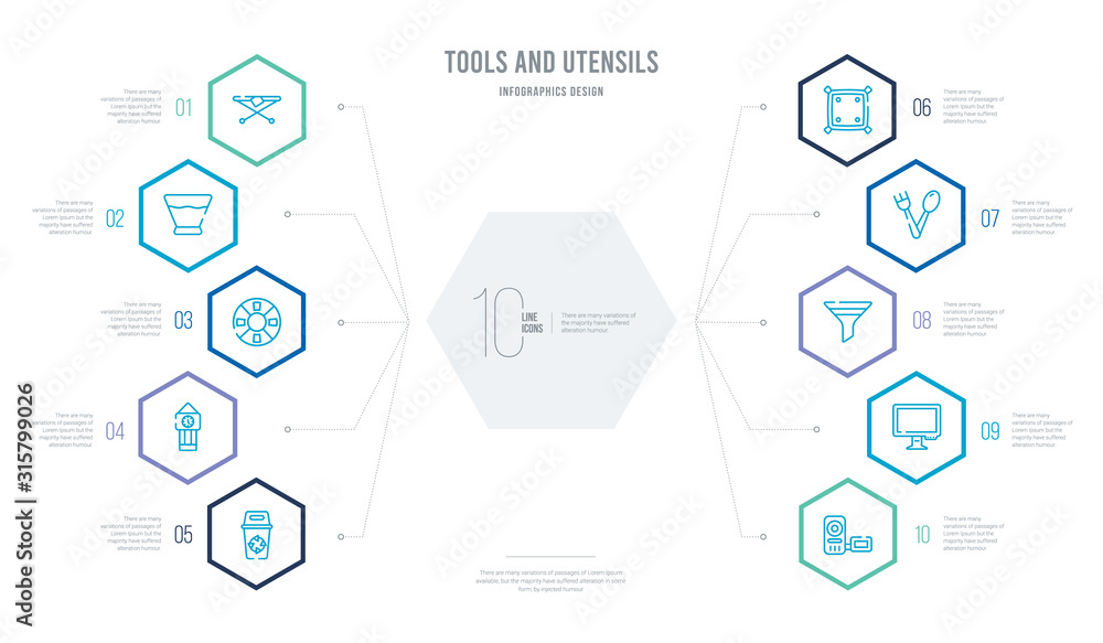 Poster tools and utensils concept business infographic design with 10 hexagon options. outline icons such a