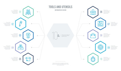 tools and utensils concept business infographic design with 10 hexagon options. outline icons such as timer round clock, target circles, bag with big handle, face down floppy disk, blank paper and