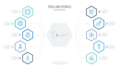 tools and utensils concept business infographic design with 10 hexagon options. outline icons such as two bowls and chopsticks, chopsticks set, radial, settings gears, compass and ruler for