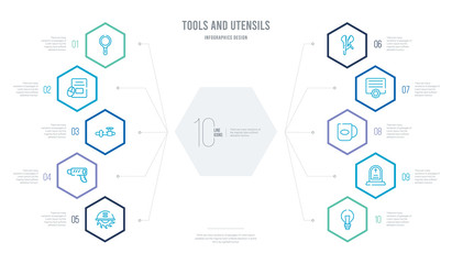 tools and utensils concept business infographic design with 10 hexagon options. outline icons such as incandescent, grave, hot cup of coffee, program settings, wire cutter, hammer drill