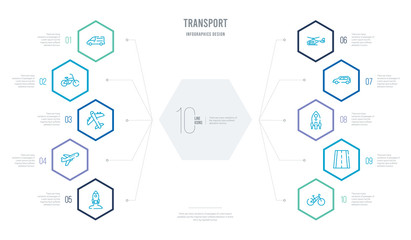 transport concept business infographic design with 10 hexagon options. outline icons such as bicycle side view, road with broken lines, rocket vertical position, auto, medical chopper transport,