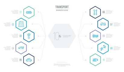 transport concept business infographic design with 10 hexagon options. outline icons such as small helicopter, planes, school bus empty, go kart, shock breaker, motorsport
