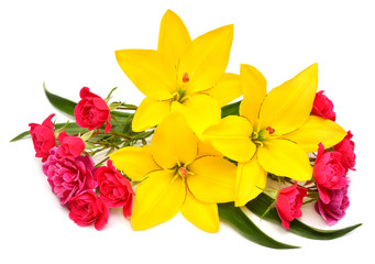 Flowers yellow lilies and pink roses with leaves isolated on white background. Beautiful bouquet. Creative spring concept. Floral pattern, object. Flat lay, top view