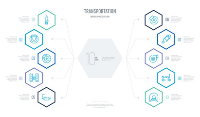 transportation concept business infographic design with 10 hexagon options. outline icons such as tunnel, hydraulic jack, air filter, damper, brake disc, wheel alignment