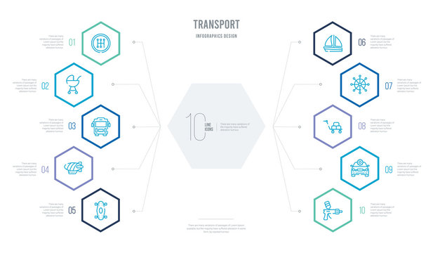 transport concept business infographic design with 10 hexagon options. outline icons such as car painting, car repair, cart with boxes, ship wheel, sail boat, blimp