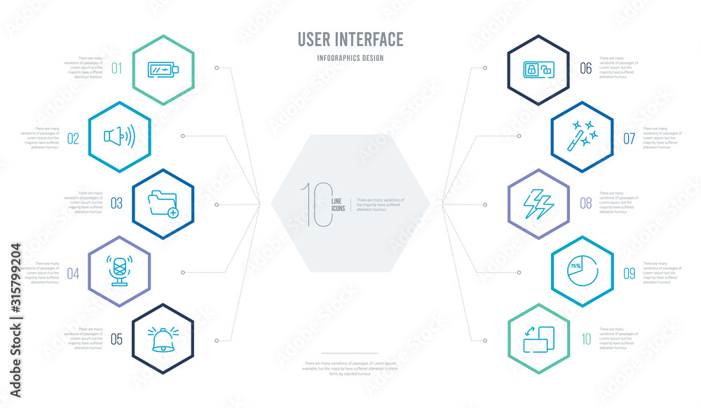 Aufkleber user interface concept business infographic design with 10 hexagon options. outline icons such as sw