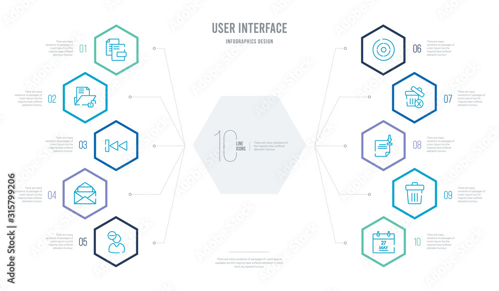 Poster user interface concept business infographic design with 10 hexagon options. outline icons such as da
