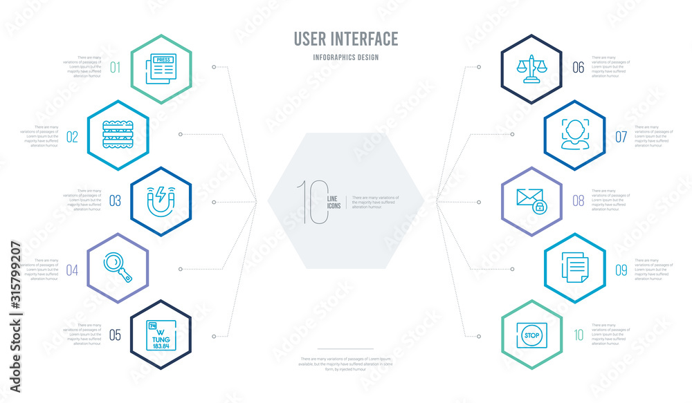 Aufkleber user interface concept business infographic design with 10 hexagon options. outline icons such as sq