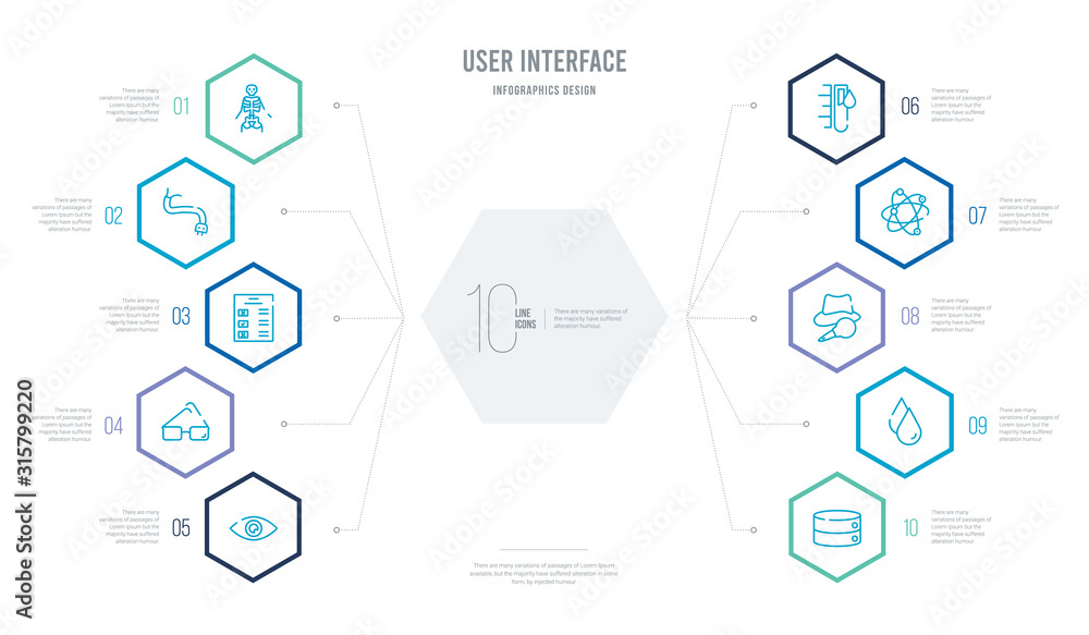 Poster user interface concept business infographic design with 10 hexagon options. outline icons such as di