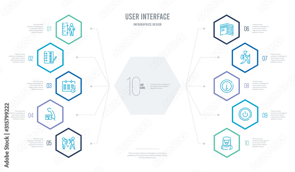 Aufkleber user interface concept business infographic design with 10 hexagon options. outline icons such as ja