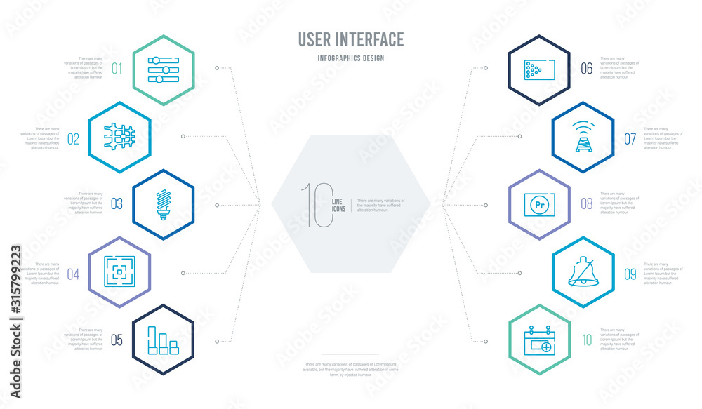 Aufkleber user interface concept business infographic design with 10 hexagon options. outline icons such as ad