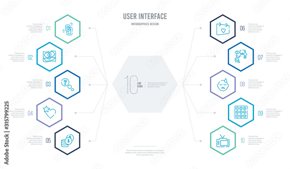 Poster user interface concept business infographic design with 10 hexagon options. outline icons such as ei