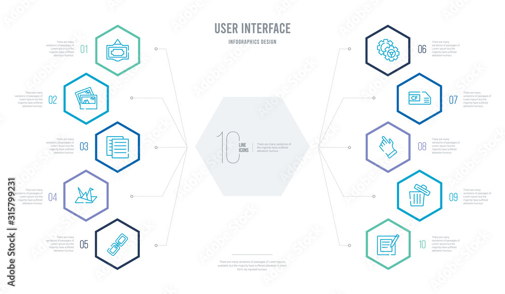 Poster user interface concept business infographic design with 10 hexagon options. outline icons such as co