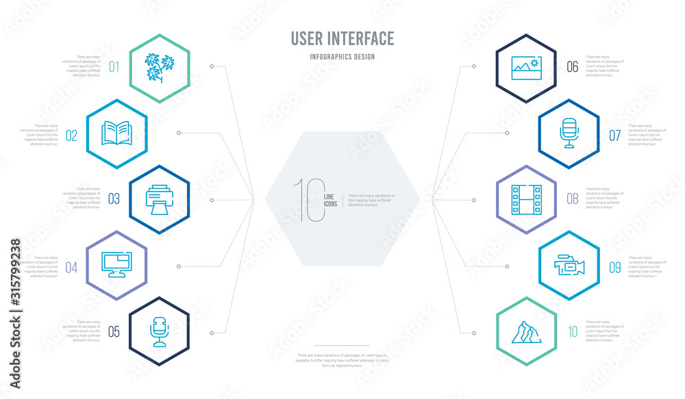 Poster user interface concept business infographic design with 10 hexagon options. outline icons such as image with mountains, video camera from side view, film strip with a triangle inside, image shadow