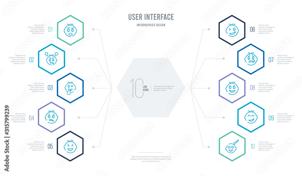 Aufkleber user interface concept business infographic design with 10 hexagon options. outline icons such as in
