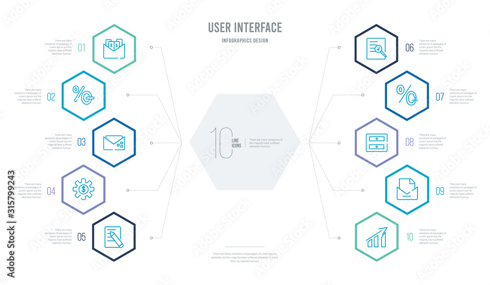 Poster user interface concept business infographic design with 10 hexagon options. outline icons such as ba
