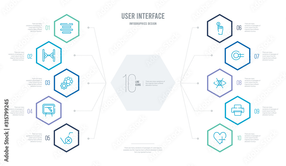 Poster user interface concept business infographic design with 10 hexagon options. outline icons such as add a like, print filled interface tool, hidden, radio button, slide right, blackboard with