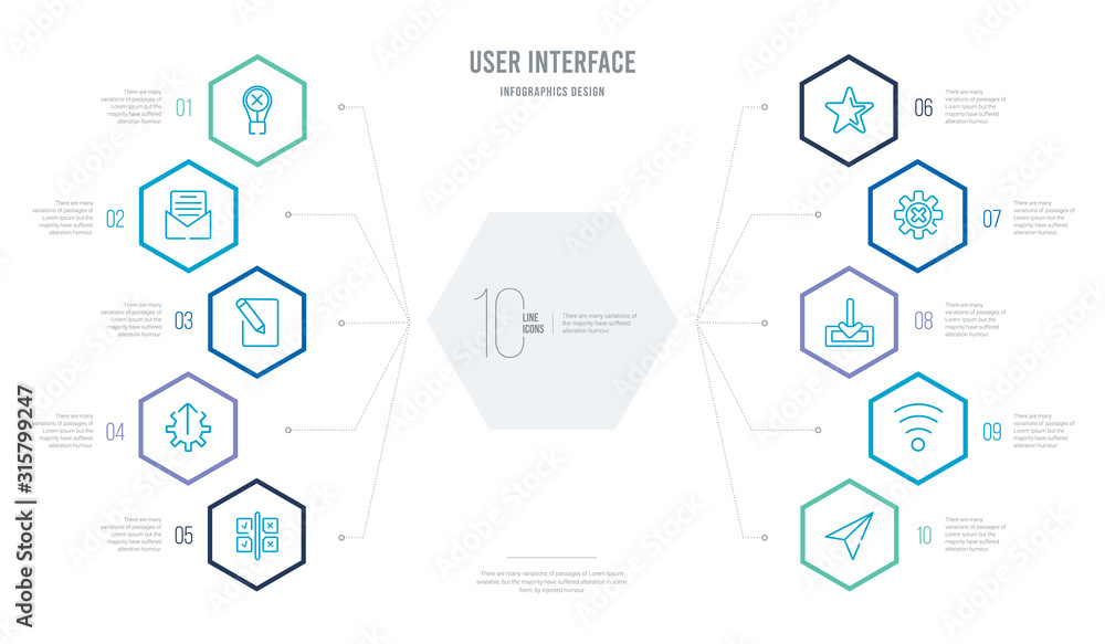 Poster user interface concept business infographic design with 10 hexagon options. outline icons such as fl