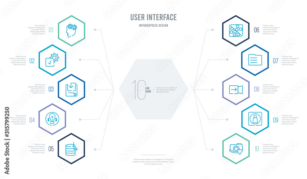 Poster user interface concept business infographic design with 10 hexagon options. outline icons such as sw
