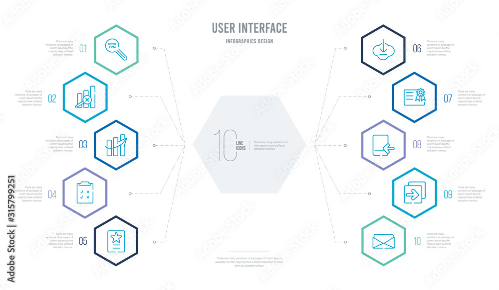 Poster user interface concept business infographic design with 10 hexagon options. outline icons such as ma