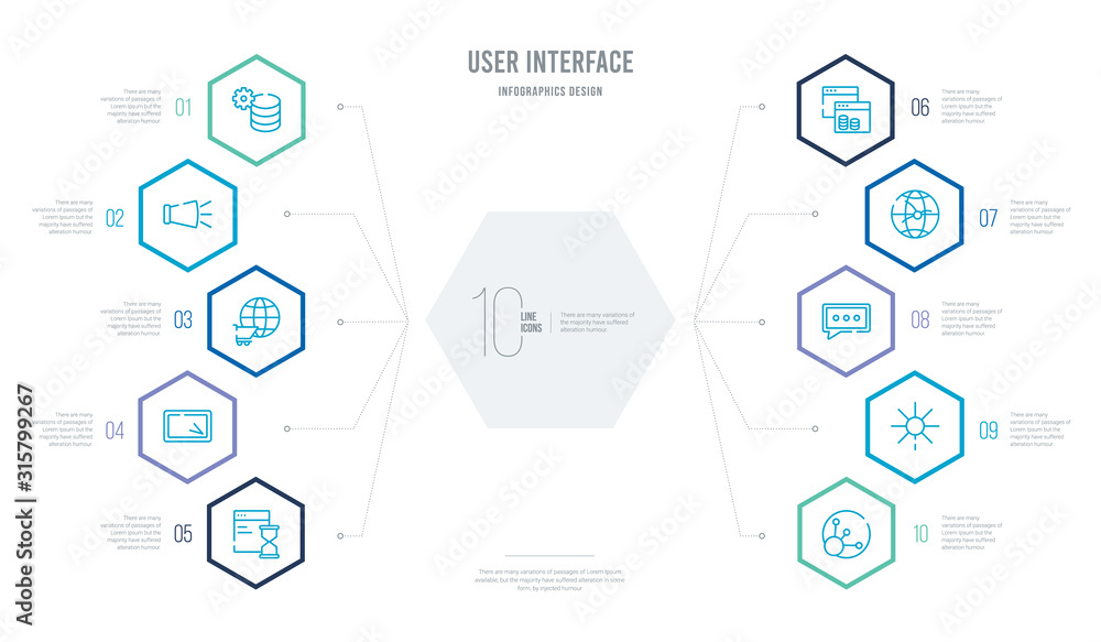Poster user interface concept business infographic design with 10 hexagon options. outline icons such as da