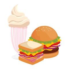 delicious burger with sandwich and milkshake fast food icon