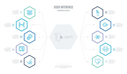 user interface concept business infographic design with 10 hexagon options. outline icons such as add a like, print filled interface tool, hidden, radio button, slide right, blackboard with