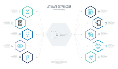 ultimate glyphicons concept business infographic design with 10 hexagon options. outline icons such as attach rotated, medicine mortar, man and tree, message balloon, calendar with letter x, two
