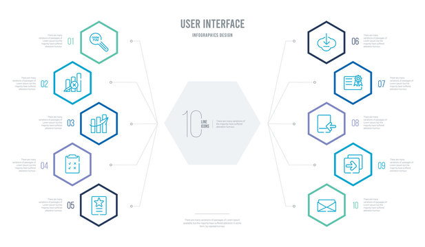 user interface concept business infographic design with 10 hexagon options. outline icons such as mail inbox, play files, download ebook, rectangular certificate, download from the cloud, rule